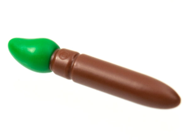 LEGO minifigure paint brush, brown handle with green molded bristles.