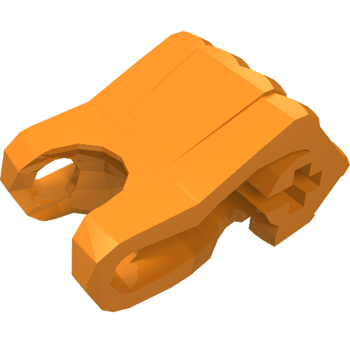 Orange 3D render of LEGO Hero Factory Fist (93575) with axle hole and four prongs, on a white background.