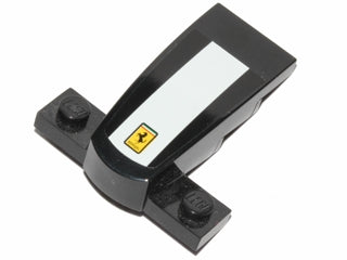 Black LEGO wedge 4x2x1 1/3 with 1x4 base, featuring a white stripe and yellow Ferrari logo sticker.