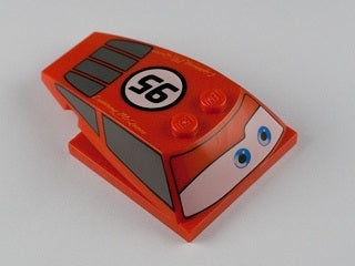 Orange LEGO 6x4x1 1/3 wedge plate with 4x4 base, printed with blue eyes, gray windows, and '95' in a white circle.