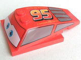 Red LEGO wedge piece with blue eyes, grey windows, and large '95' and 'Lightning McQueen' on top.
