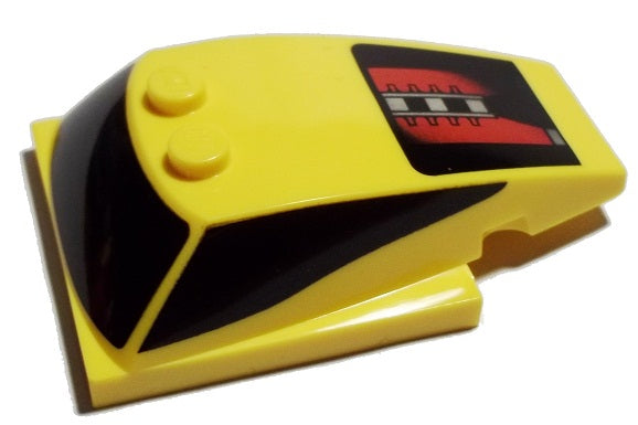 Yellow LEGO Wedge 6x4x1 1/3 with 4x4 base, black details, and a red/silver/black window pattern print.