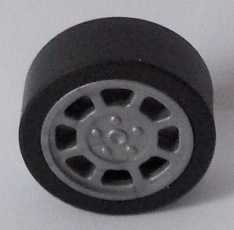 LEGO wheel 93593c01 with black tire 14mm D. and light grey 8-spoke rim 11mm D., solid smooth.