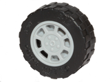 LEGO black tire, 17.5mm D. x 6mm, with shallow staggered treads and a light grey 8-spoke wheel hub.
