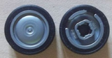 Two views of LEGO Wheel 93594c01: gray smooth hubcap with black tire, and reverse side showing axle connection.
