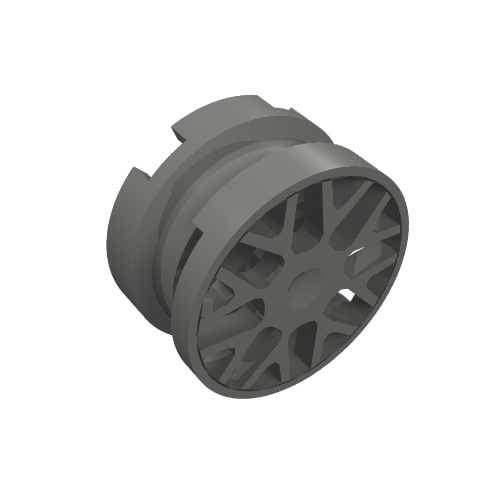 Gray LEGO Wheel 93595, 11mm D. x 6mm, with 8 'Y' spokes, shown at an angle.