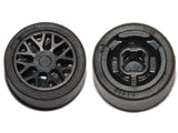 Two black LEGO 93595c01 wheels, one with 8 'Y' spokes and tire, the other showing the reverse side with hub details.