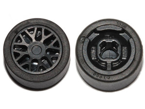 Two black LEGO 93595c01 wheels, one with 8 'Y' spokes and tire, the other showing the reverse side with hub details.