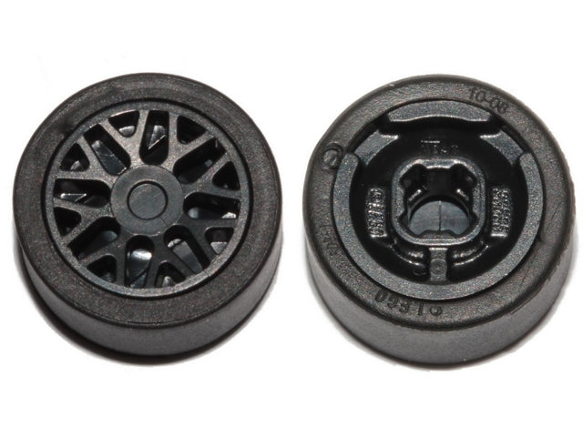 Two black LEGO 93595c01 wheels, one with 8 'Y' spokes and tire, the other showing the reverse side with hub details.