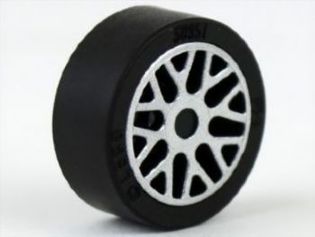 LEGO 93595pb02c01 wheel and tire, black 14mm D. x 6mm solid smooth tire with silver 8 'Y' spoke pattern.