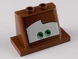 Brown LEGO 93598pb01 windscreen with 2x4 base, featuring green eyes looking straight on a white background pattern.
