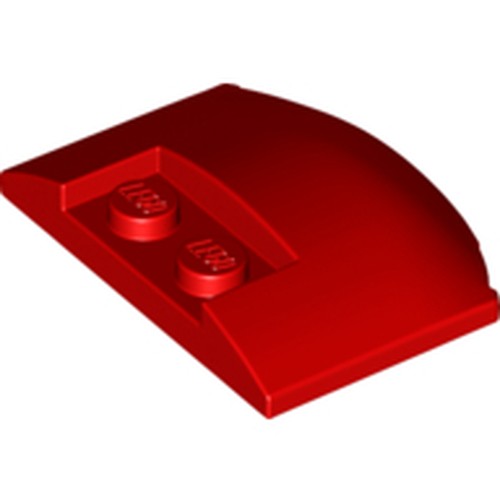 A single red LEGO 93604 Wedge 3 x 4 x 2/3 Triple Curved plate, viewed from an angle, showing two studs.