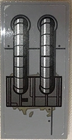 LEGO sticker showing two vertical silver and black striped industrial pipes on a grey background with machinery details.