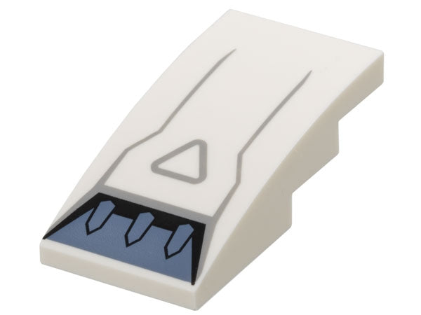 White LEGO Slope Curved 4 x 2 with Sand Blue Air Intake Vent, Light Bluish Gray Triangle and Lines Pattern.