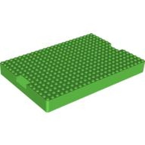 Green LEGO 93608 Modified Brick, 16x24x2 container top with studs and 1x4 indentations on ends.