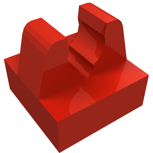 A shiny red LEGO Tile, Modified 1 x 1 with Clip with Center Cut, viewed from an angle.