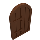 Brown LEGO 94161 Shutter for Window, 1x2x2 2/3, with rounded top, vertical panels, hinges, and a doorknob.