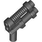 Dark gray LEGO minifigure weapon, two barrel pistol with a 10-ribbed top barrel and angled handle.