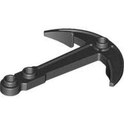 A black LEGO 95354 boat anchor piece with a curved hook on one end and two top holes on the arm.