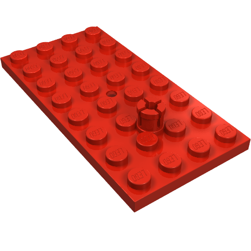 Red LEGO 967 Plate, Modified 4 x 8, showing studs with 'LEGO' logo and a central trailer hitch pin.