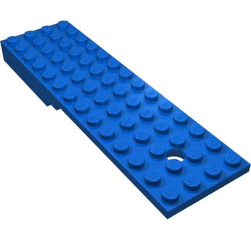 A blue LEGO 4x14 trailer base plate with studs and a single hole, viewed from an angle.