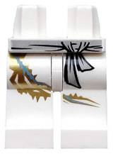 White LEGO hips and legs, featuring a gray belt, black sash-like markings, and a gold and blue dragon tail pattern.