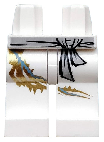 White LEGO hips and legs, featuring a gray belt, black sash-like markings, and a gold and blue dragon tail pattern.