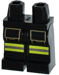 Black LEGO minifigure hips and legs with dark tan pockets pattern and lime and silver reflective stripes on front.
