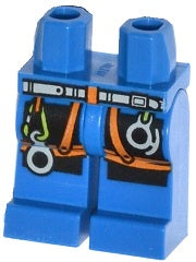 Blue LEGO minifigure hips and legs with white belt, orange climbing harness, and carabiner pattern.
