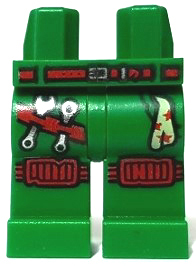 Green LEGO hips and legs 970c00pb0991 with red belt, silver buckle, knee pads, tool belt, and handkerchief with stars.