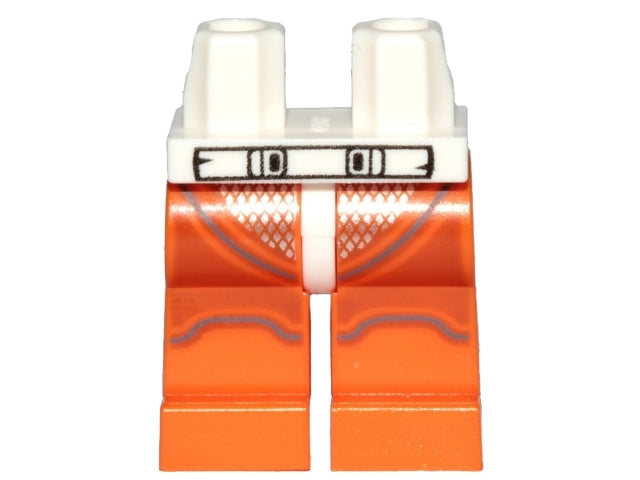 LEGO minifigure white hips and orange legs with a black outlined belt, white band, and dark bluish gray stripes.