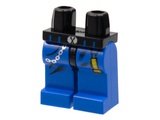 LEGO blue legs with black hips, featuring a silver chain print on the left leg and a yellow flashlight on the right.