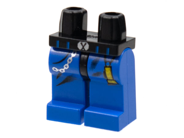 LEGO blue legs with black hips, featuring a silver chain print on the left leg and a yellow flashlight on the right.