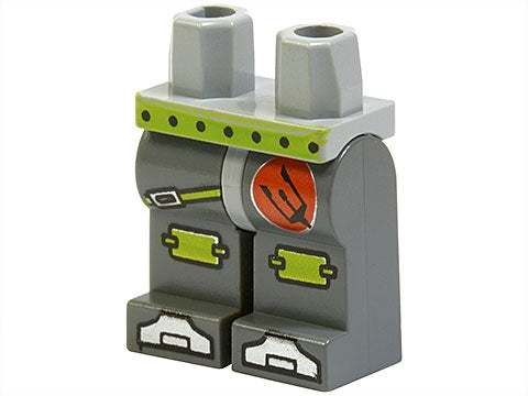 Dark bluish gray LEGO minifigure hips and legs, 970c85pb02. Features Atlantis Diver pattern with green accents, trident logo, and mechanical details.