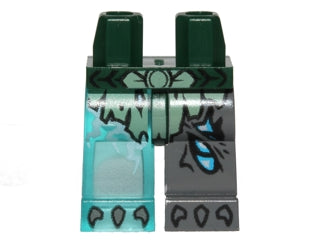 LEGO dark green hips, dark bluish gray left leg, and trans-light blue right leg with sand green scaled armor and scars pattern.