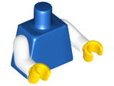 Blue LEGO minifigure torso with white arms and yellow hands, viewed from a slight angle.