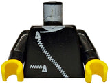 LEGO 973p0ac02 black minifigure torso with jacket print, white zippers, white neck design, black arms, and yellow hands.