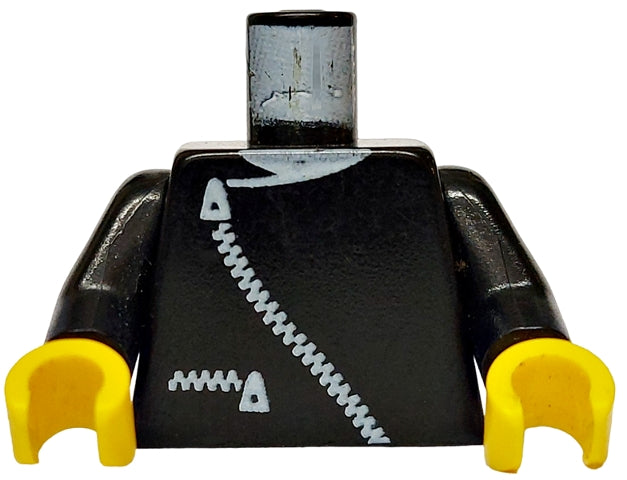 LEGO 973p0ac02 black minifigure torso with jacket print, white zippers, white neck design, black arms, and yellow hands.