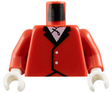 LEGO red torso with black lapels, white shirt, two white buttons, red arms, and white hands.