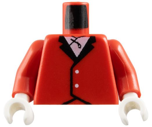 LEGO red torso with black lapels, white shirt, two white buttons, red arms, and white hands.