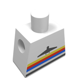 White LEGO minifigure torso with a black airplane logo above yellow, red, blue, and black horizontal stripes.