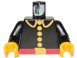 Black LEGO 973p21c01 fire uniform torso with black arms and yellow hands. Features red belt and yellow lapels, buttons, buckle.