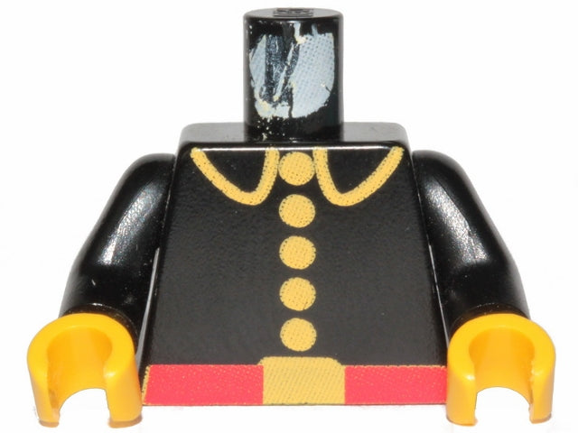 Black LEGO 973p21c01 fire uniform torso with black arms and yellow hands. Features red belt and yellow lapels, buttons, buckle.