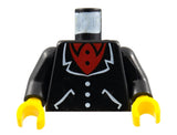 LEGO black suit torso with white lapels, pockets, buttons, red undershirt pattern, black arms, and yellow hands.