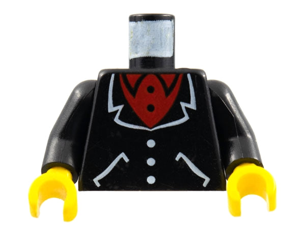 LEGO black suit torso with white lapels, pockets, buttons, red undershirt pattern, black arms, and yellow hands.