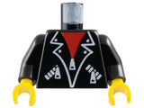 LEGO black torso with leather jacket print: white lapels, zippers, pockets over a red shirt. Black arms, yellow hands.