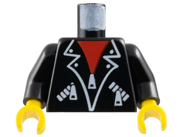 LEGO black torso with leather jacket print: white lapels, zippers, pockets over a red shirt. Black arms, yellow hands.