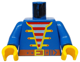 Blue LEGO minifigure torso featuring an open pirate jacket with yellow trim, a red and white striped shirt, dark orange belt, blue arms, and yellow hands.