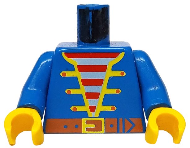 Blue LEGO minifigure torso featuring an open pirate jacket with yellow trim, a red and white striped shirt, dark orange belt, blue arms, and yellow hands.