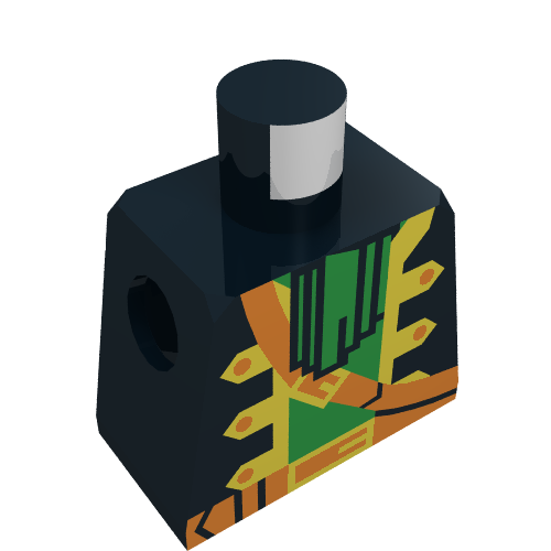 LEGO dark blue torso with open pirate captain jacket, yellow trim over green shirt, neck ruffle, brown strap, belt with buckle pattern.